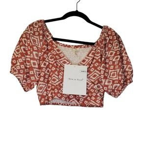 NEW Sim & Sam M Ikat Cropped Faux Wrap Puff Sleeve Top Festival Boho Rust Red